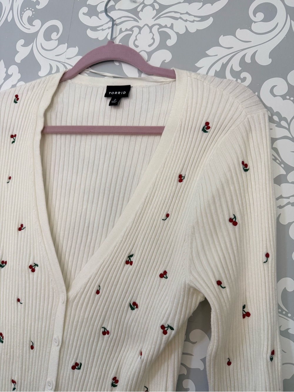 • Torrid Cream Ribbed Cardigan Sweater with Embroidered Cherry Accents - Picture 3 of 4
